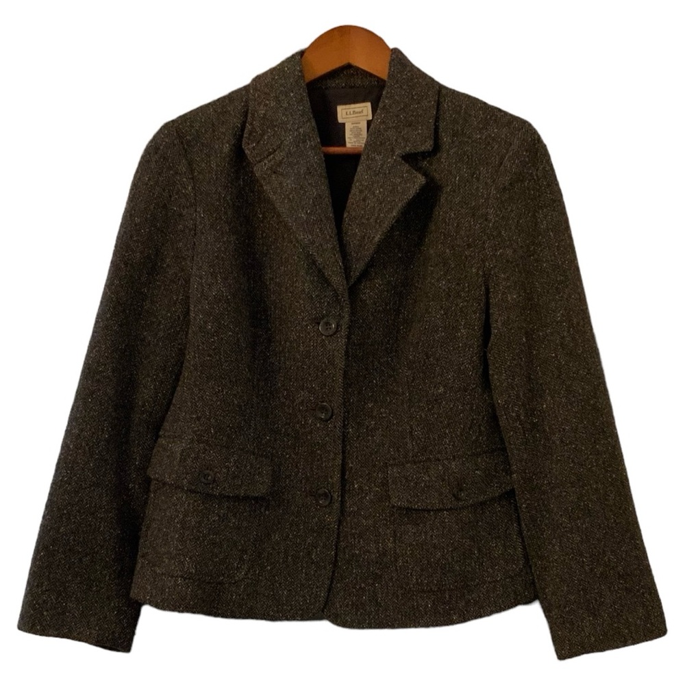 L.L.Bean Classic Herringbone Wool And Silk Grey Blazer Jacket Size M